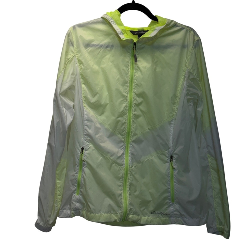 Eddie Bauer Womens Lightweight Hooded Jacket Neon Yellow White Athletic Large‎